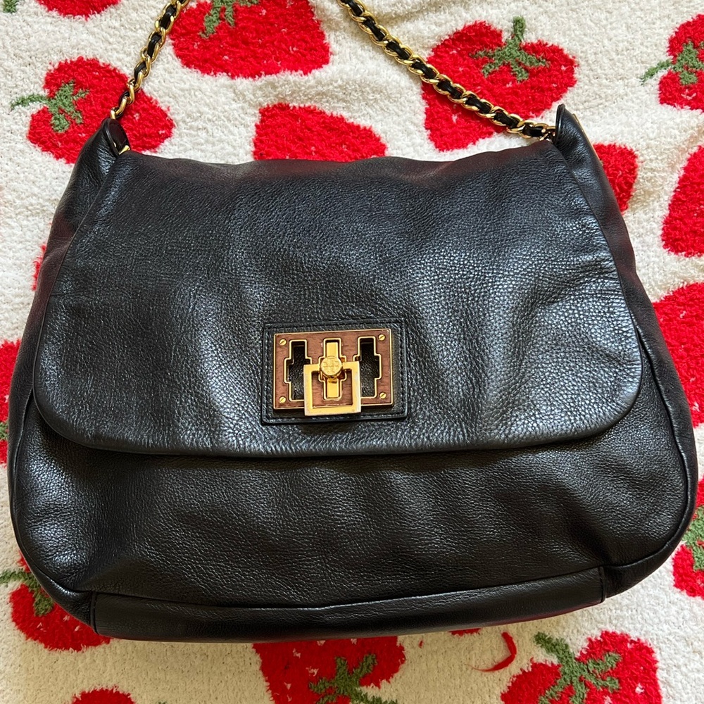 Tory Burch Black and Gold Leather Shoulder Bag with Chain Strap
